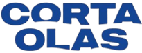 Logotipo en formato cuadrado con la palabra "CORTA" en la parte superior y "OLAS" debajo, ambas en letras mayúsculas azules con efecto de olas en algunas letras, representando al taller El Cortaolas especializado en reparación de cometas y velas en Tarifa.